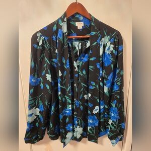 J. Crew Black and Blue Floral Tie Neck Blouse Sz L